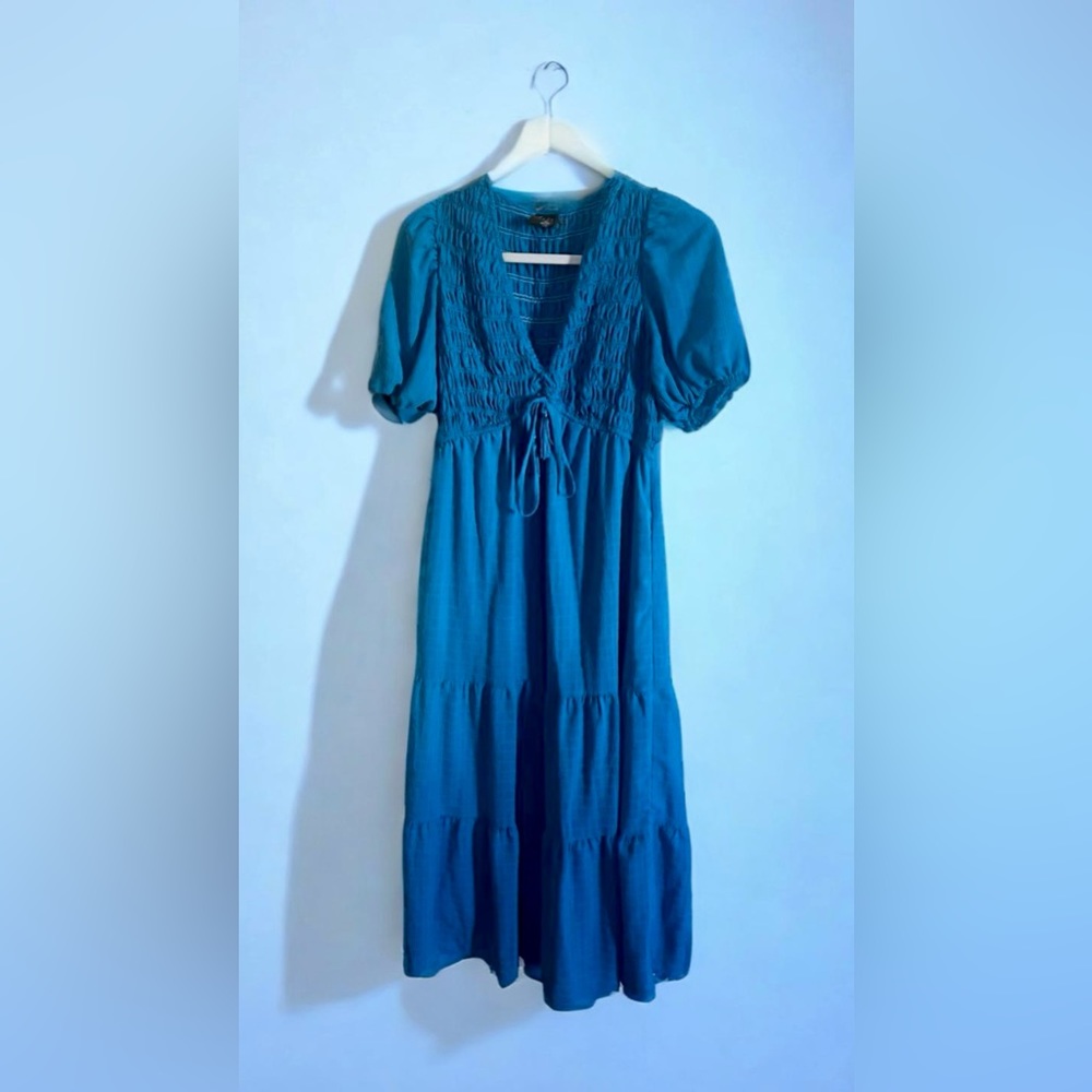Teal smocked midi dress - v neck with tie size M